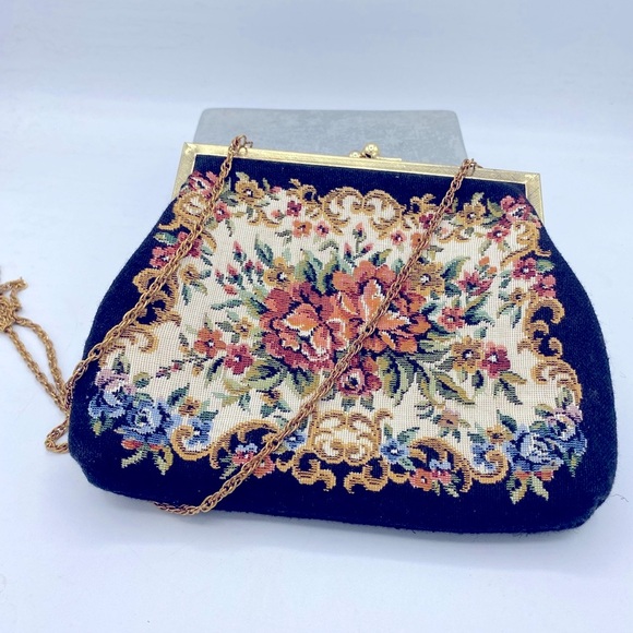Vintage Walborg Petit Point Floral Tapestry Black Purse Clutch Evening Bag - Picture 2 of 15